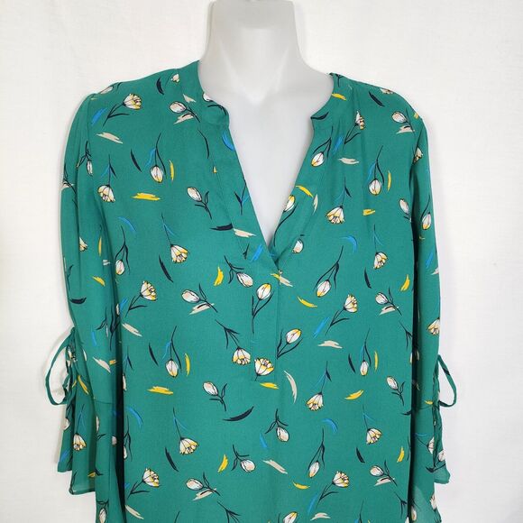 41 Hawthorn Womens Blouse Small Trina Bell Tie 3/4 Sleeve Green Floral V Neck - Picture 3 of 12